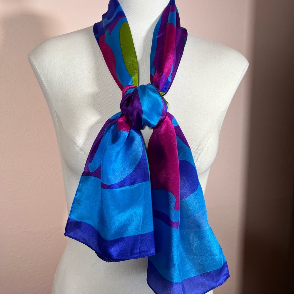Vintage 1990 Liz Claiborne Royal Blue Magenta Long Skinny Scarf Geometric